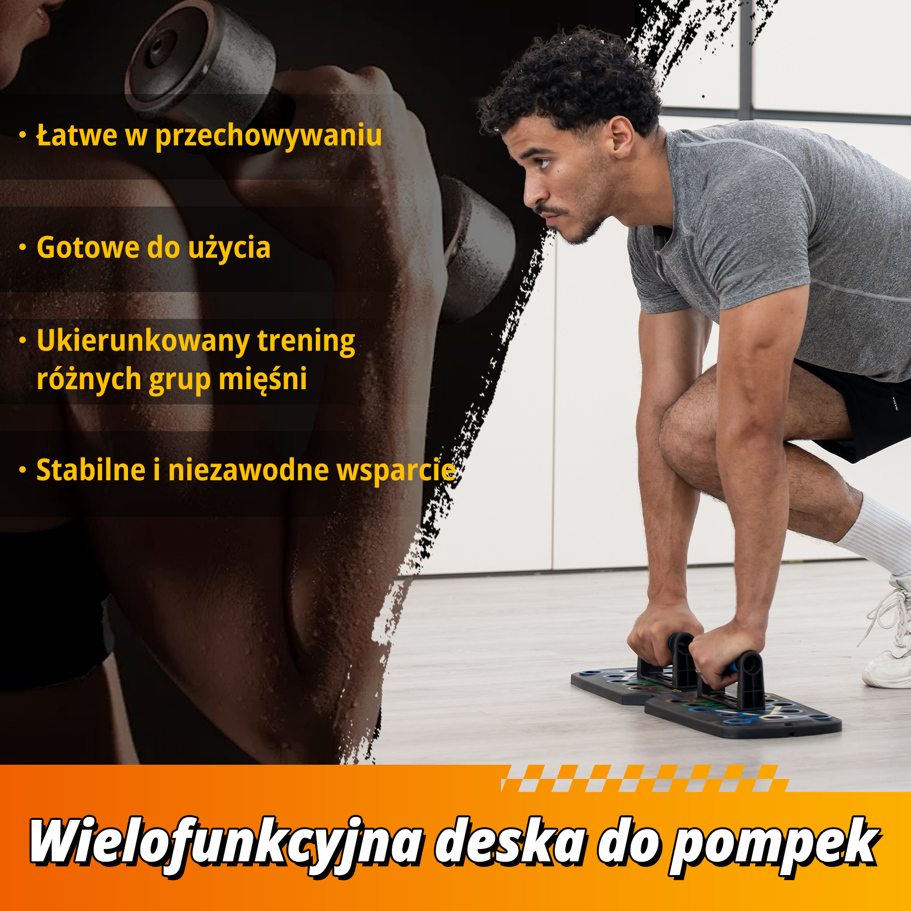 Mężczyzna używa deski do pompek. Deska jest czarna z kolorowymi uchwytami. Polski tekst opisuje cechy deski.