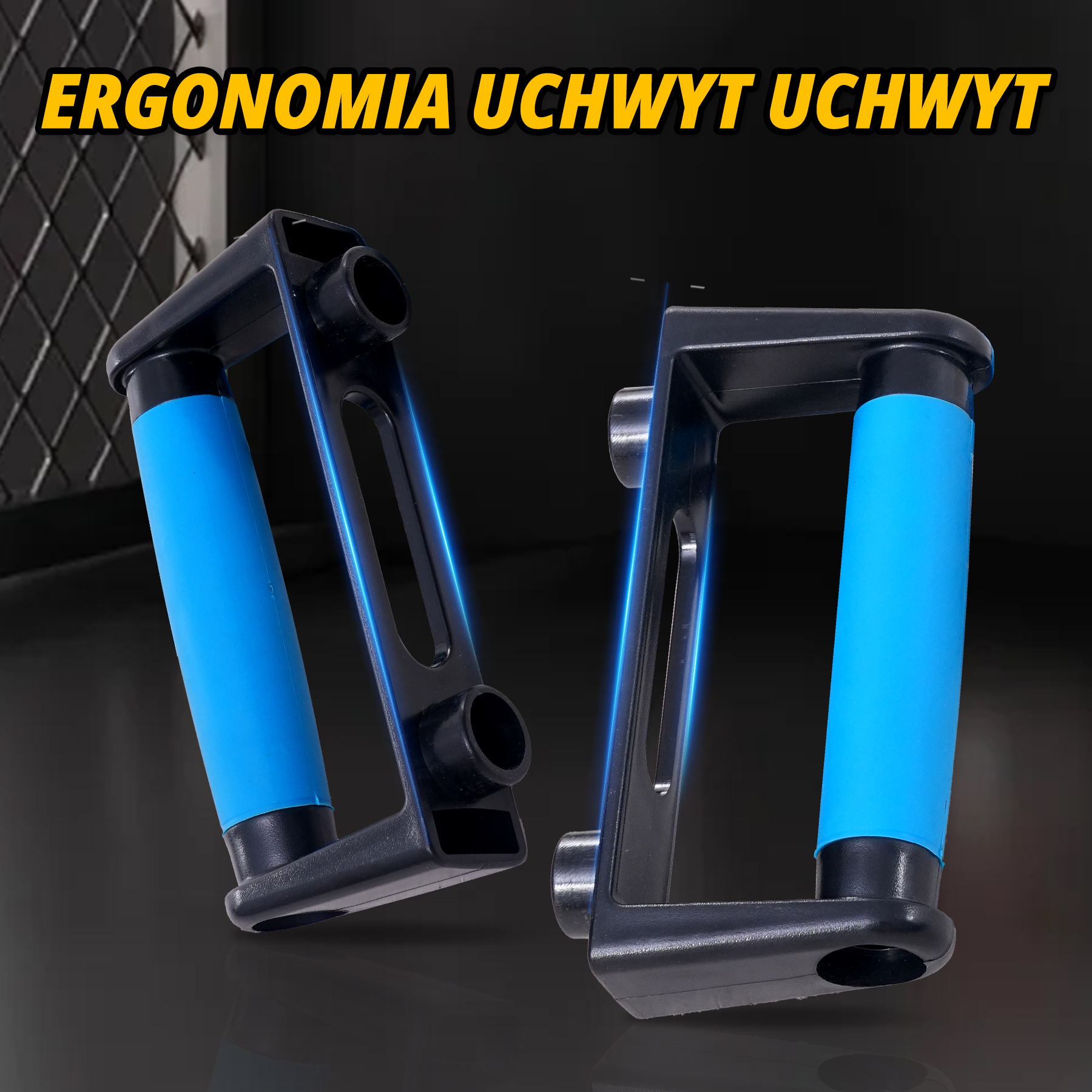 Dwa czarne uchwyty z niebieskimi uchwytami. Tekst u góry brzmi 'ERGONOMIA UCHWYT UCHWYT'.