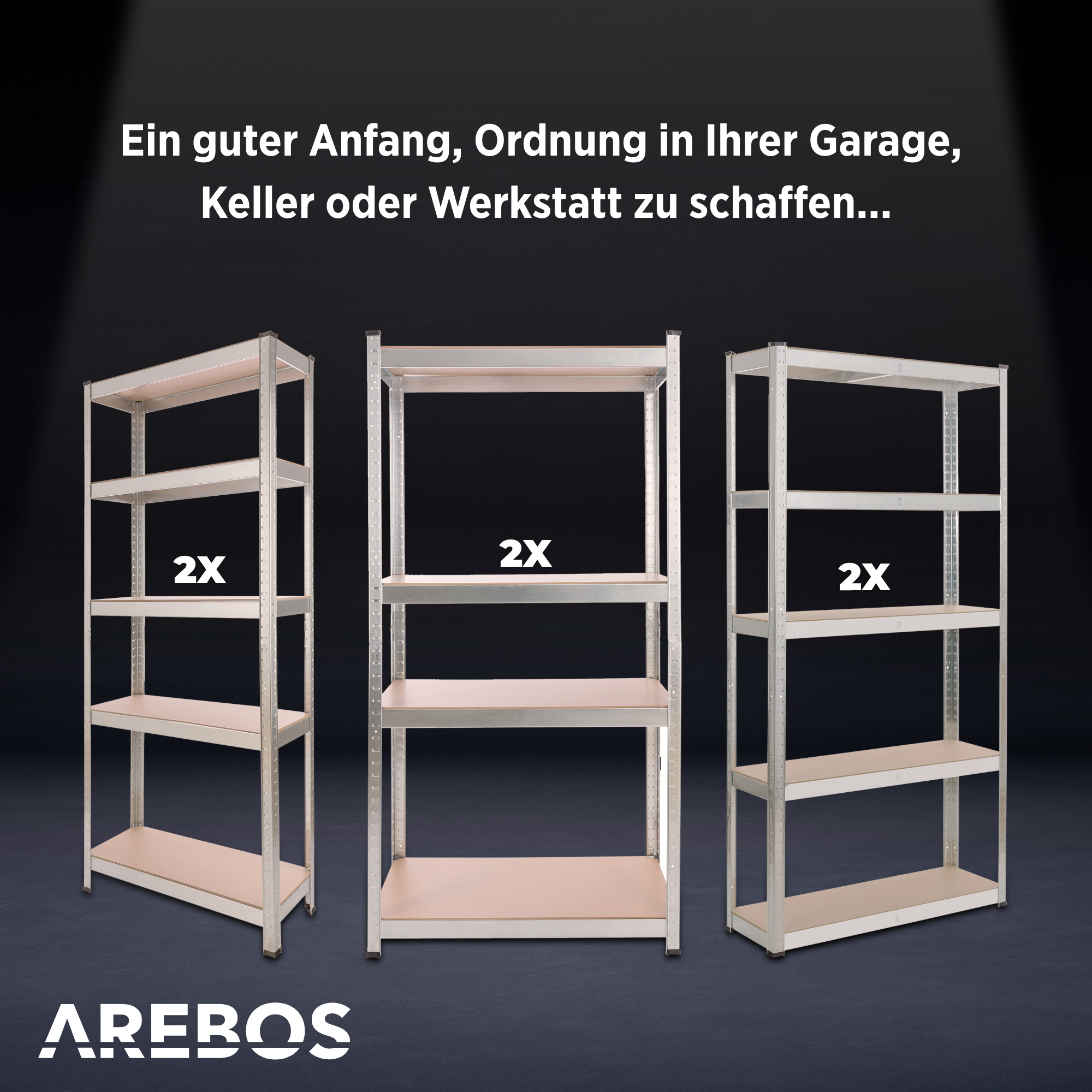 Drei Metallregale auf dunklem Hintergrund. Text: 'Ordnung in Ihrer Garage, Keller oder Werkstatt'.