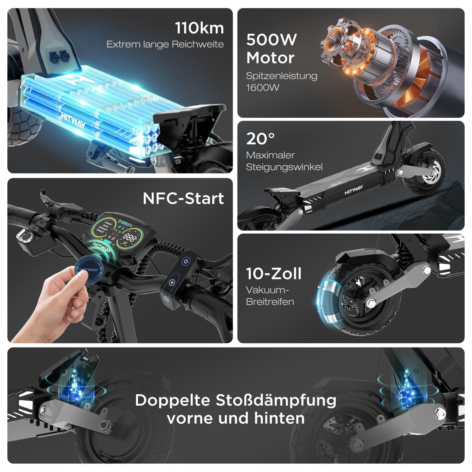 Elektroroller mit Details: Batterie, Motor, Steigungswinkel, Reifen und doppelte Stoßdämpfung.