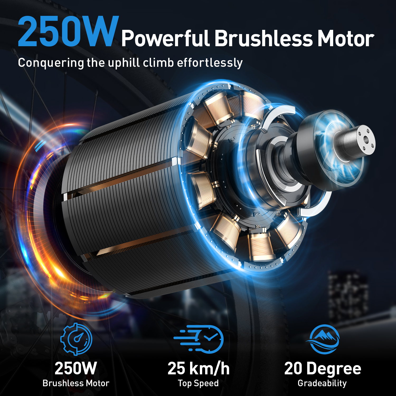 Das Bild zeigt einen leistungsstarken bürstenlosen Motor mit Spezifikationen: 250 W, 25 km/h Höchstgeschwindigkeit und 20 Grad Steigfähigkeit.