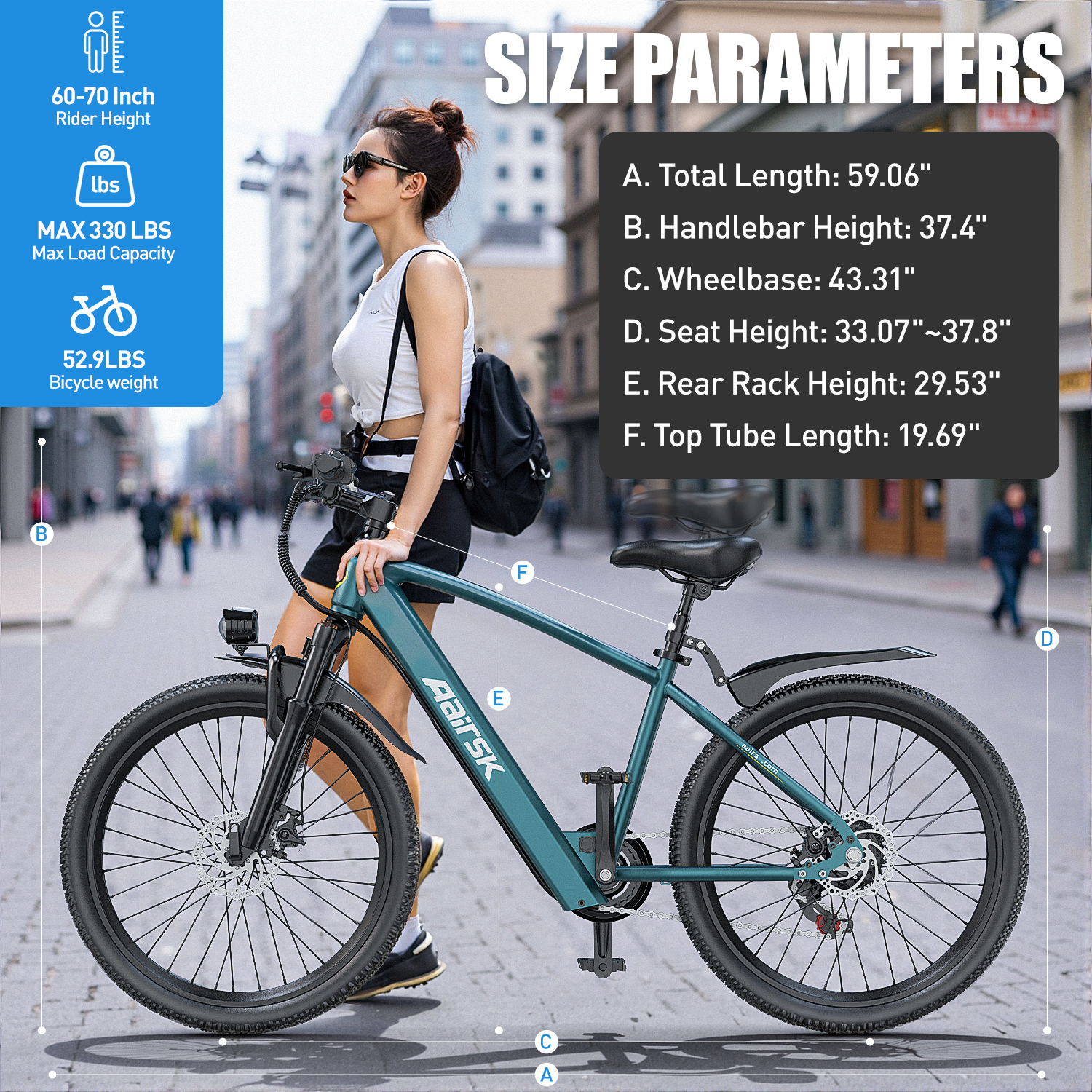 Frau mit Sonnenbrille und Fahrrad. Text: Größenparameter, Fahrerhöhe, maximale Belastung und Fahrradgewicht.