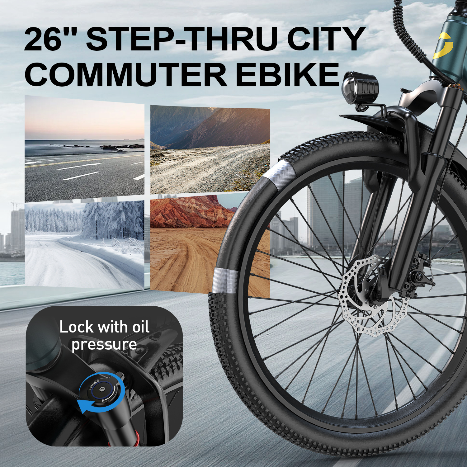 Ein 26" City-Commuter-E-Bike mit Durchstieg wird gezeigt. Es hat ein Frontlicht, Scheibenbremsen und eine Öldrucksperre.