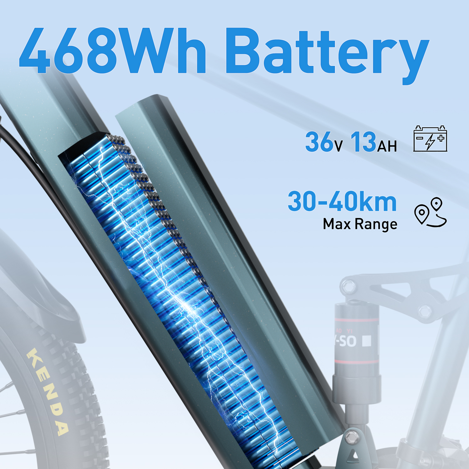 Akumulator roweru elektrycznego ze specyfikacjami: 468Wh, 36V 13Ah i zasięgiem 30-40 km. Bateria jest pokazana w ramie.