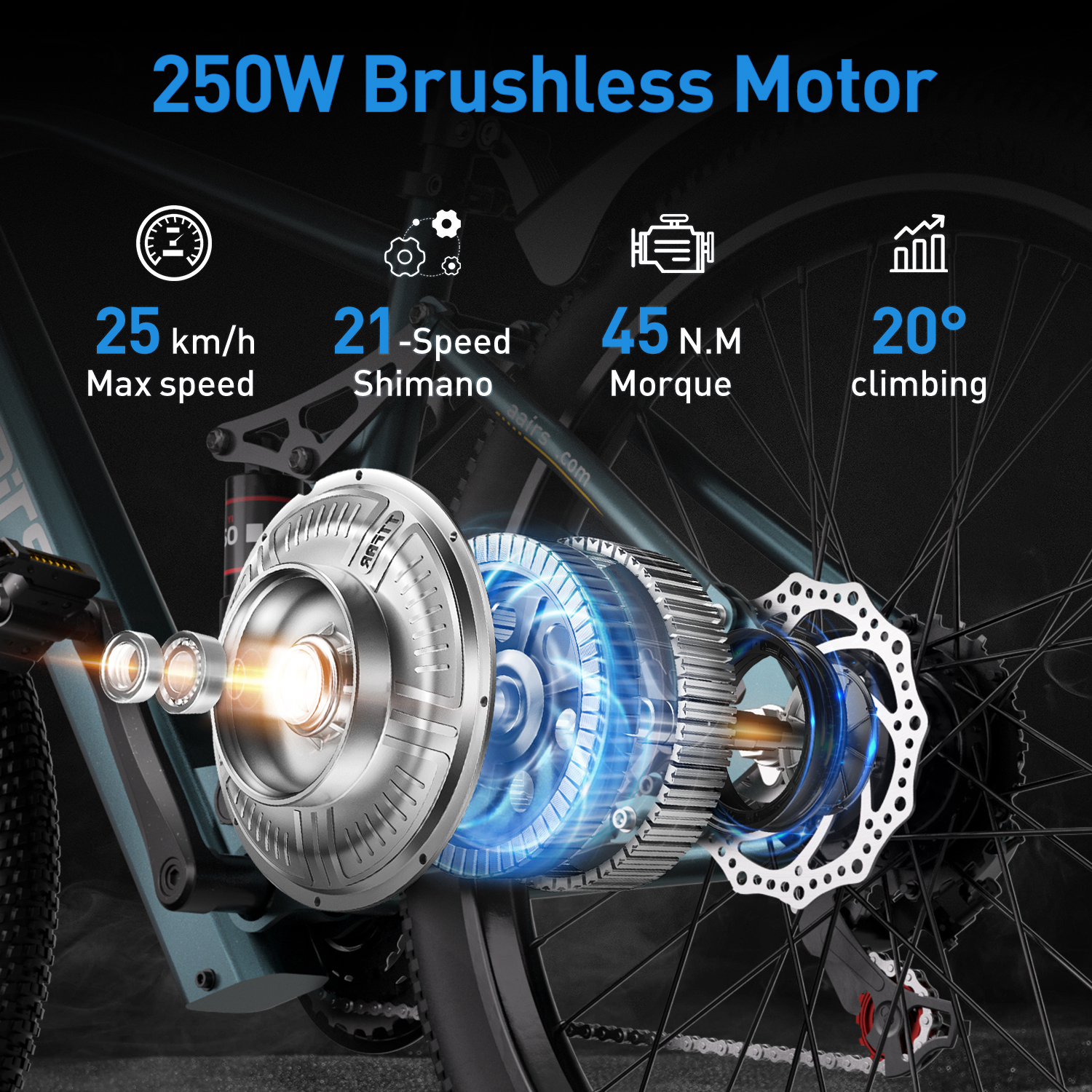 Widok wybuchu silnika roweru ze specyfikacjami: 250W, 25 km/h prędkość maks., Shimano 21 biegów, 45 Nm moment obrotowy i 20° wznoszenia.