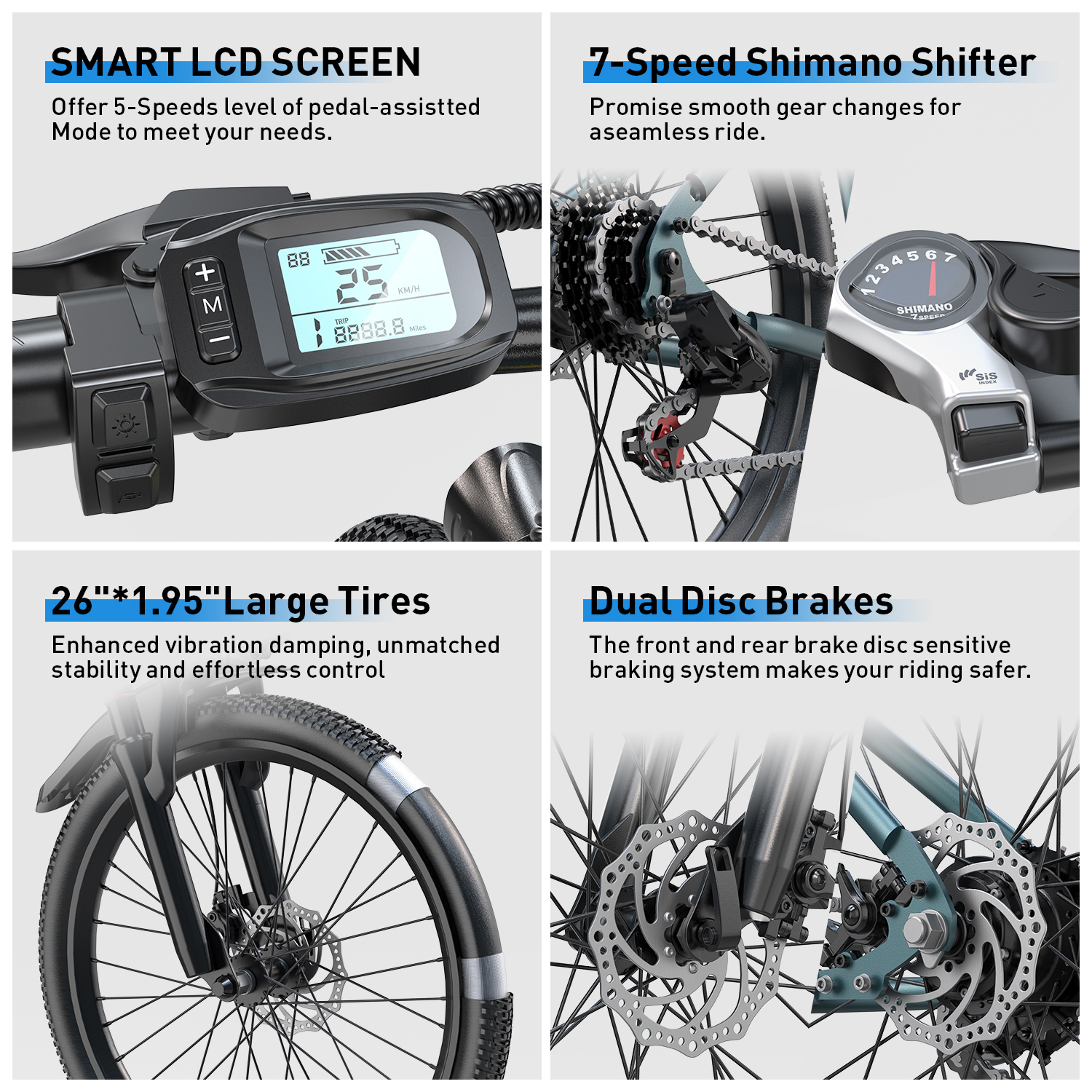 Das Bild zeigt Fahrradteile: LCD-Bildschirm, Gangschaltung, Reifen und Scheibenbremsen. Text beschreibt Funktionen wie Geschwindigkeitsstufen und Bremsen.