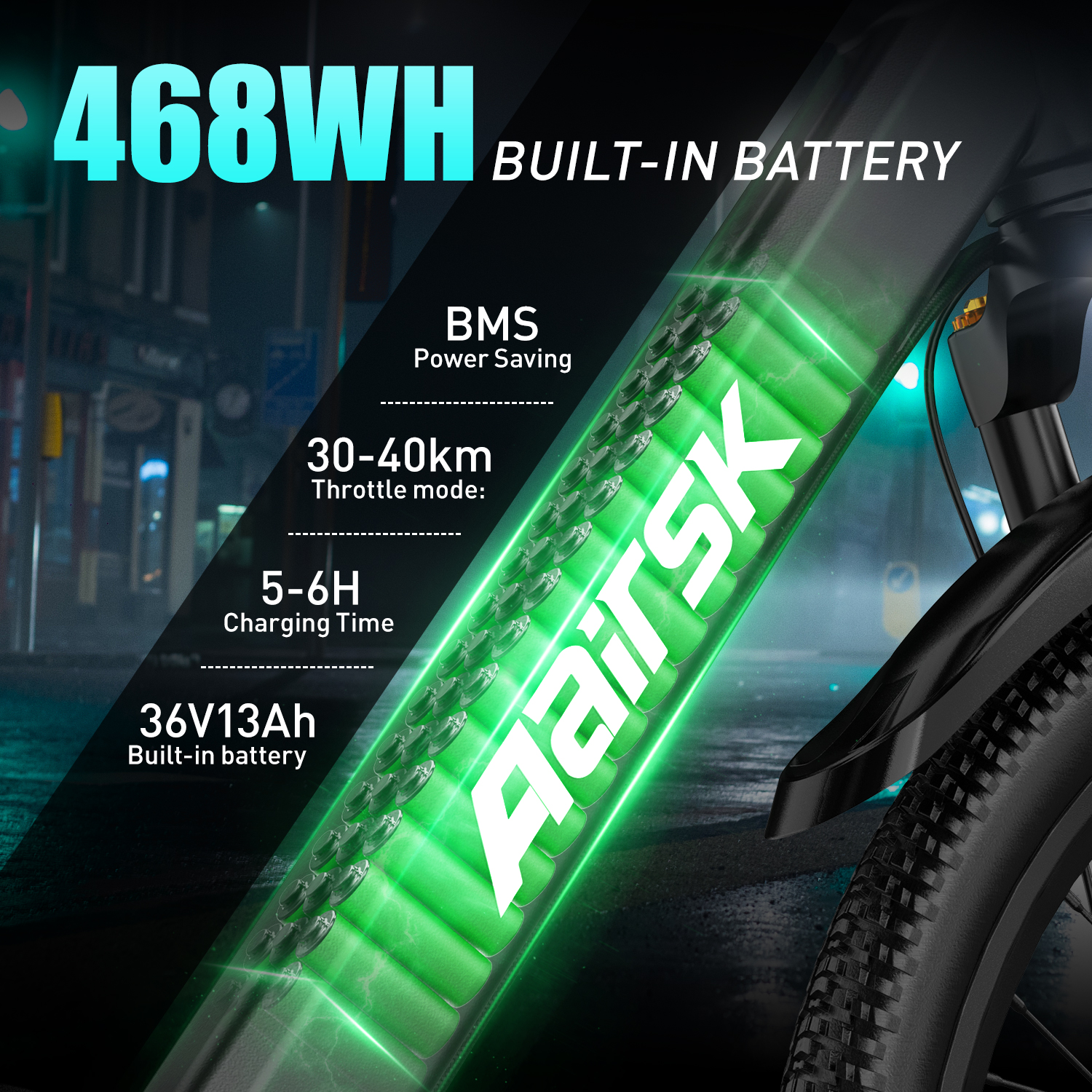E-Bike-Detail mit Batterie-Spezifikationen: 468WH, BMS-Energiesparen, 30-40km Drossel, 5-6H Laden, und 36V13Ah Batterie.