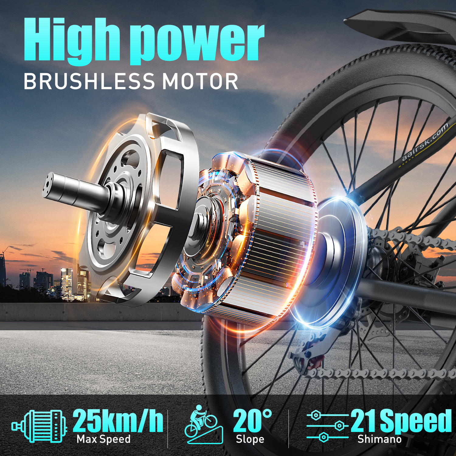 Ein Elektromotor eines Fahrrads wird gezeigt, wobei Leistung und Geschwindigkeit hervorgehoben werden. Details: 25 km/h Höchstgeschwindigkeit, 20° Steigung, 21-Gang Shimano.