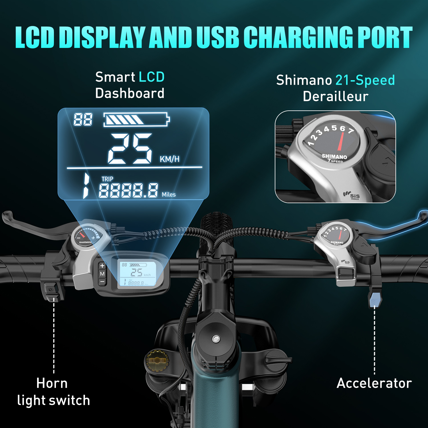 Nahaufnahme eines Fahrradlenkers mit LCD-Anzeige, Geschwindigkeitsanzeige und Gangschaltung mit 'Shimano' und 'Beschleuniger'.