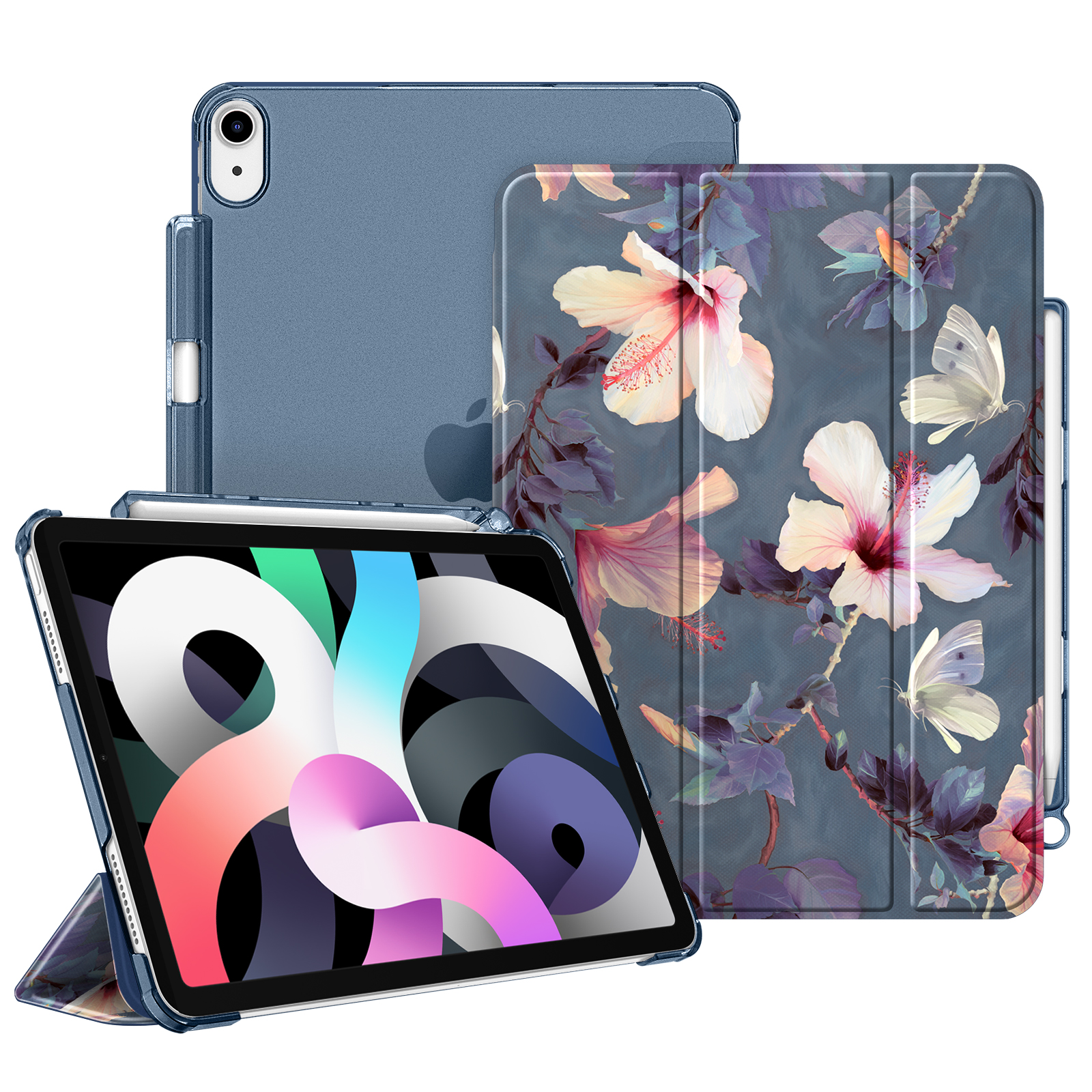 Tablets mit floral gemusterten Hüllen. Eines ist geöffnet und zeigt einen farbenfrohen Bildschirm. Andere sind geschlossen, mit blauem Farbton und Apple-Logo.