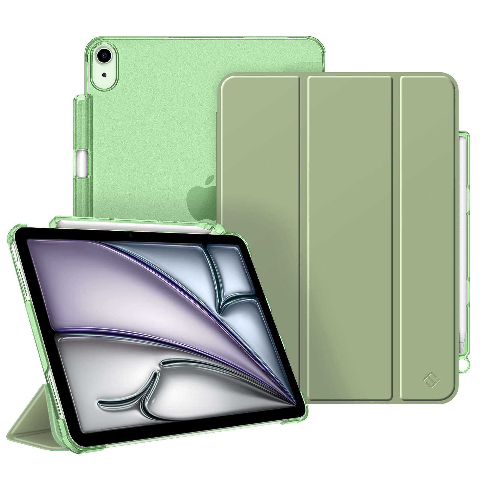 Grünes iPad mit Hülle. Ein iPad ist geöffnet und zeigt ein abstraktes Design. Zwei weitere iPads sind geschlossen und stehen im Hintergrund.