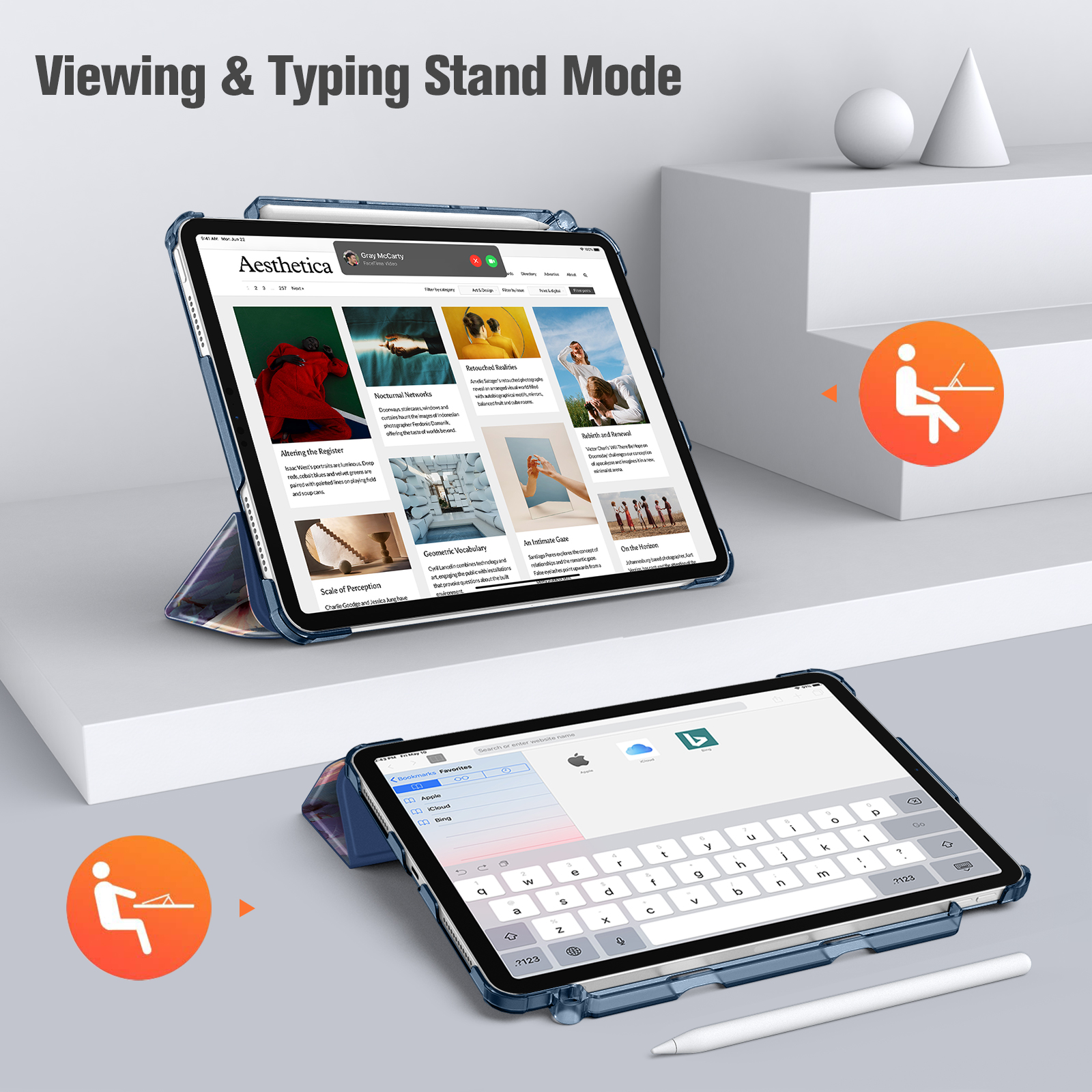Tablets im Ständermodus, eines schreibt. Orangefarbene Icons einer Person mit Laptop. Weißer Hintergrund mit geometrischen Formen.