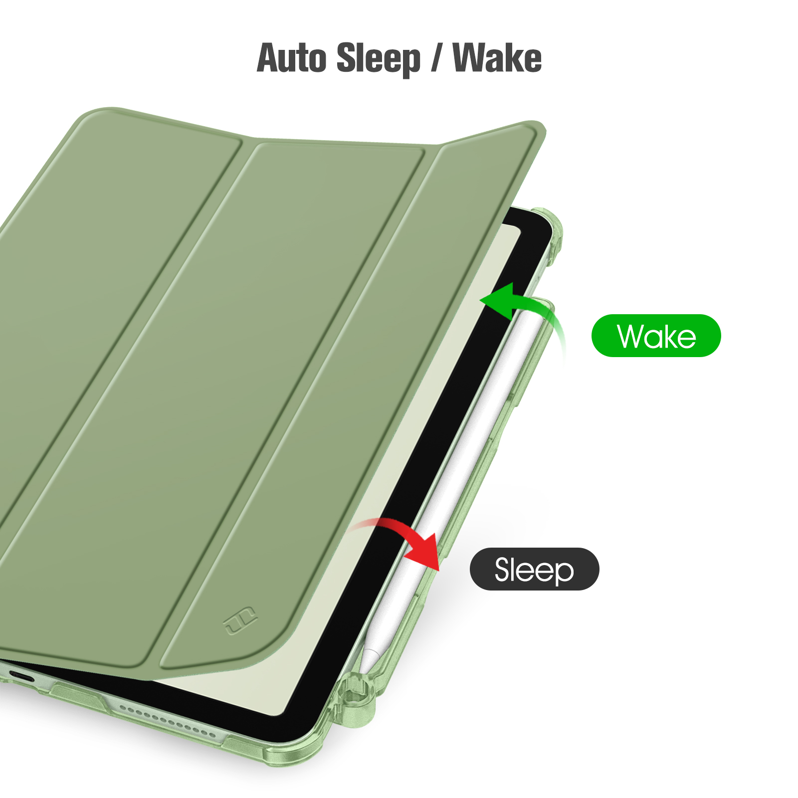 Eine grüne Tablethülle mit einem Tablet darin. Pfeile zeigen 'Wake' und 'Sleep'. Die Hülle wird geöffnet. Text lautet 'Auto Sleep / Wake'.