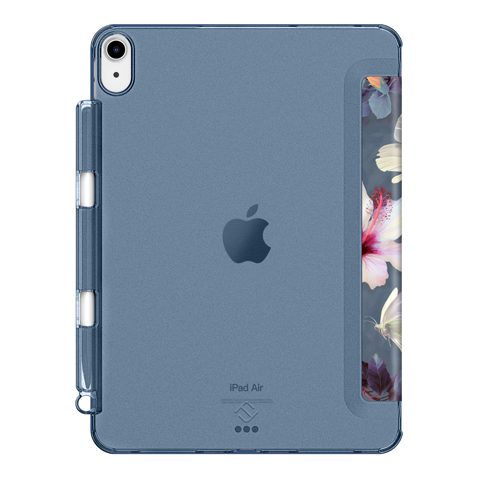 Blaue iPad Air Hülle mit floralem Design. Transparenter Halter für Stift. Apple-Logo sichtbar.