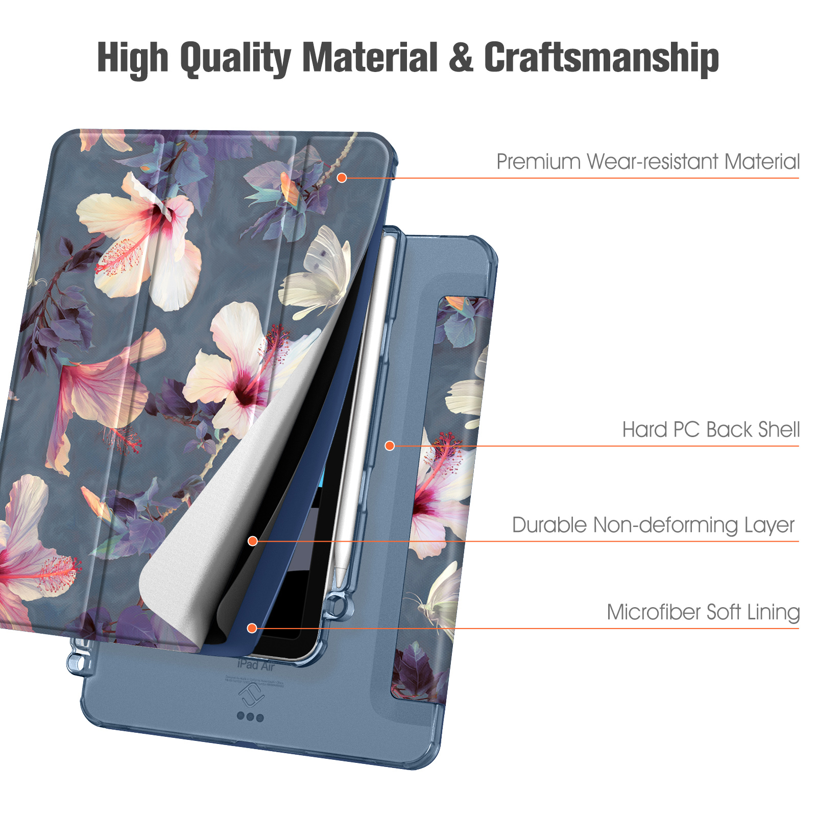Eine iPad Air-Hülle mit floralem Design. Merkmale sind verschleißfestes Material, PC-Rückschale, verformungsfreie Schicht und weiches Futter.