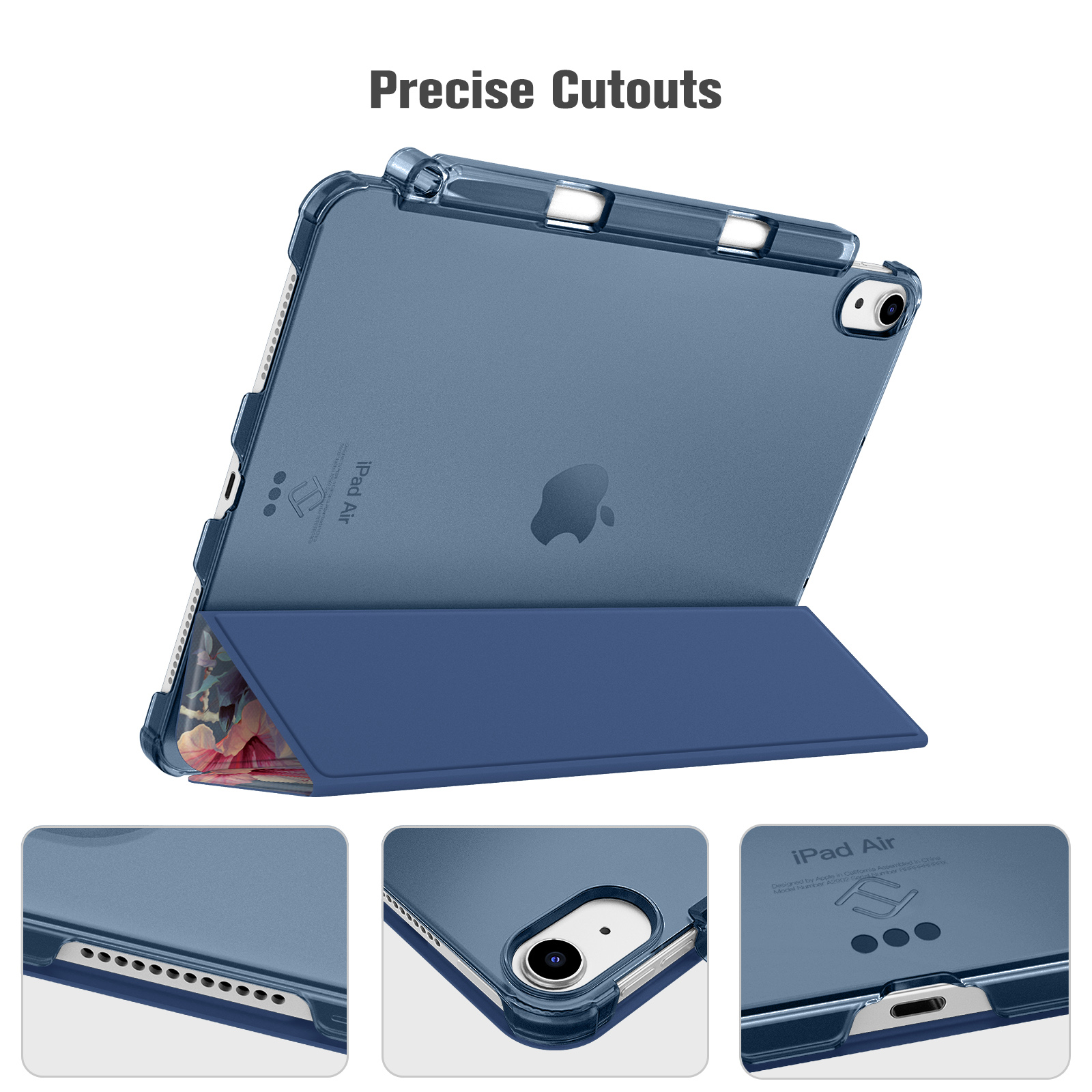 iPad Air in einer blauen Hülle, mit einer blauen Abdeckung und Nahaufnahmen der Hüllendetails.