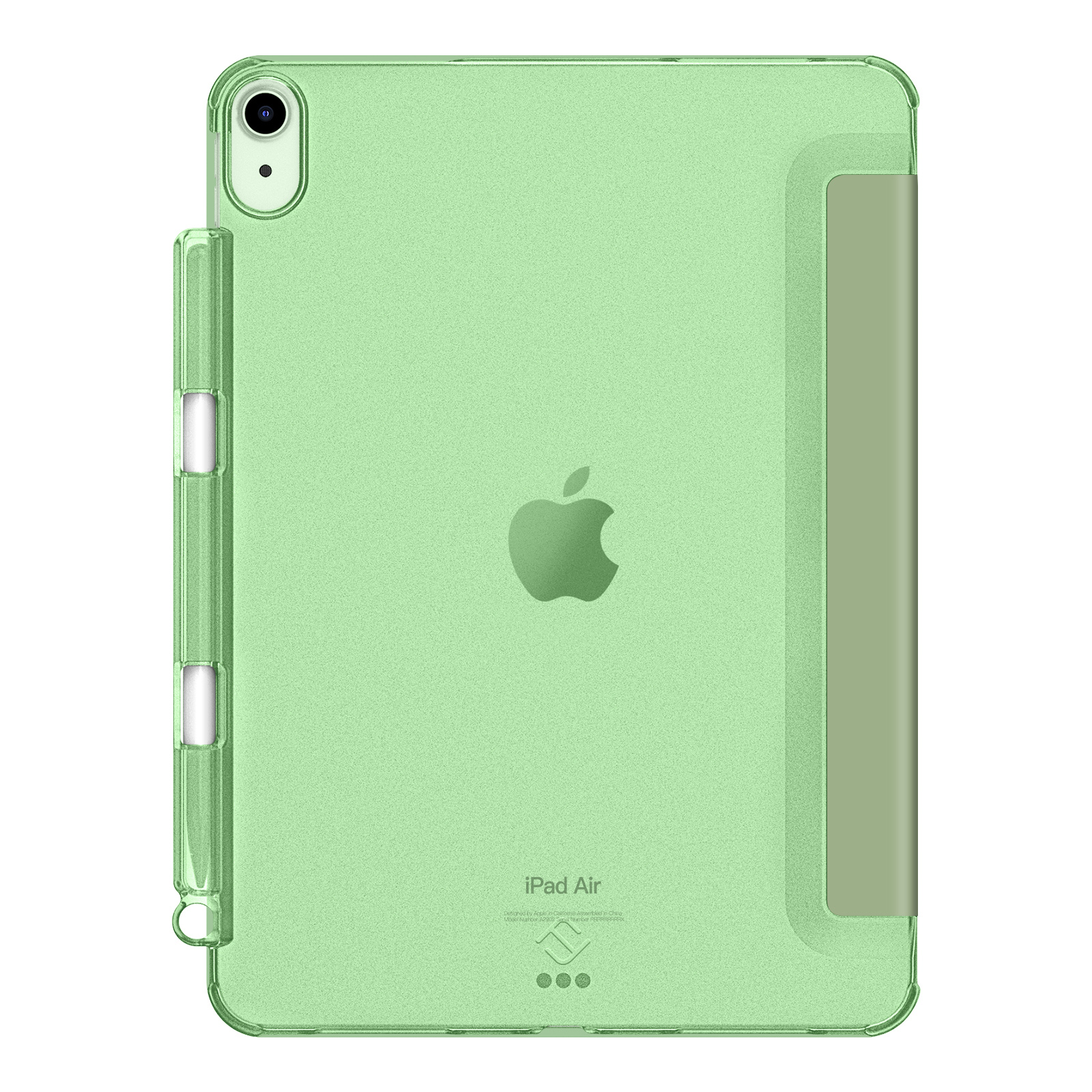 Grünes iPad Air in einer grünen Hülle. Kamera und Apple-Logo sind sichtbar. Auf der linken Seite befindet sich ein Stifthalter. Die Hülle hat eine Abdeckung.