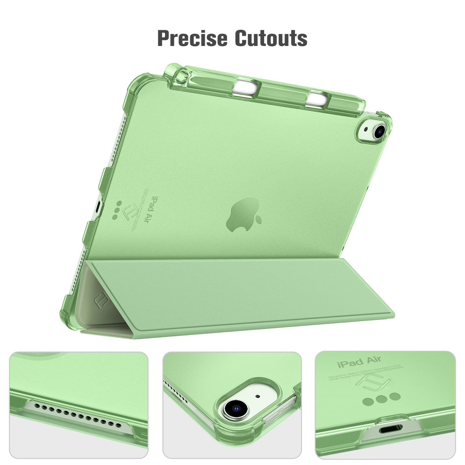 Ein grünes iPad Air in einer grünen Schutzhülle. Die Hülle ist offen, mit eingebautem Ständer. Detaillierte Ausschnitte sind sichtbar.