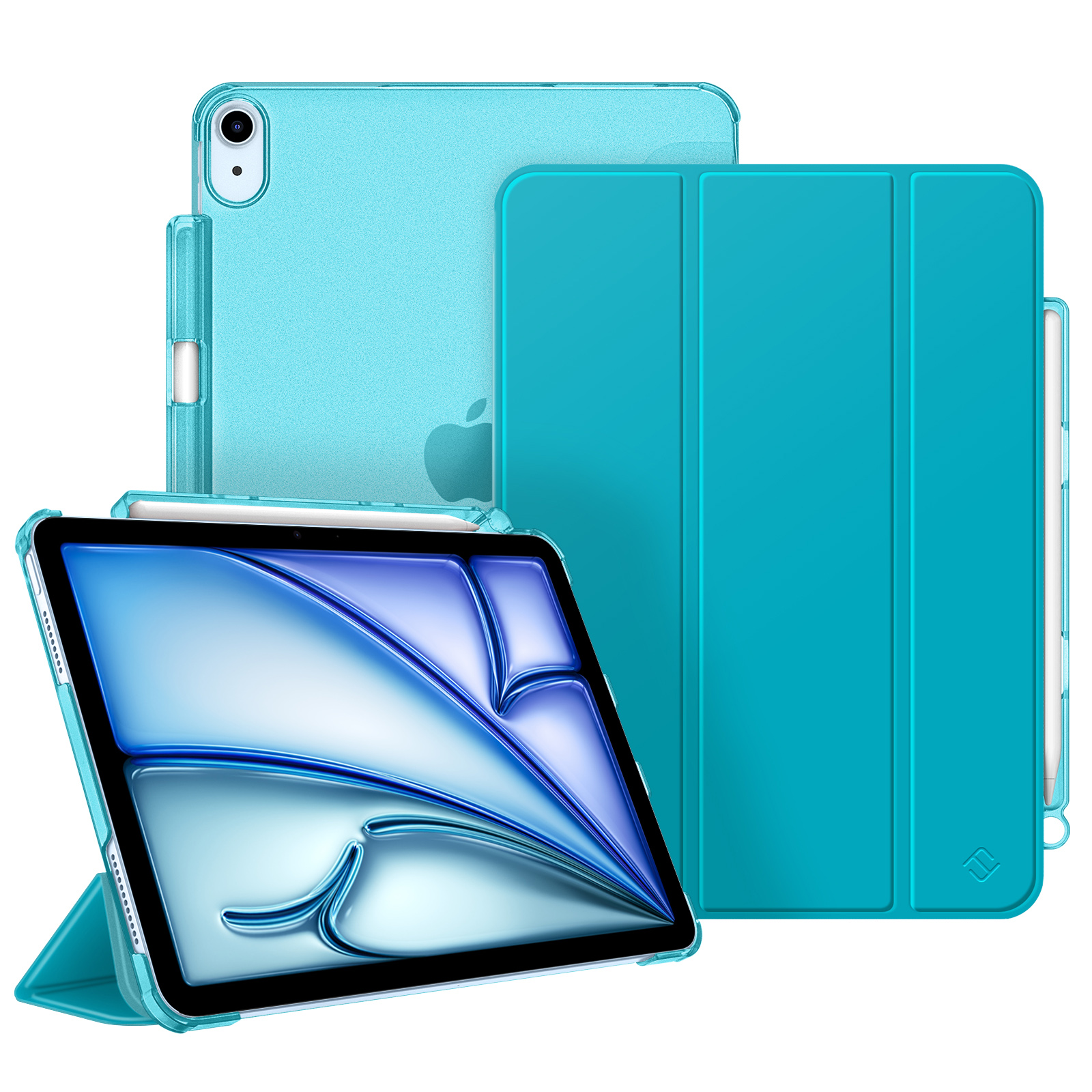 Ein iPad mit blauem Displayschutz, Hülle und Abdeckung. Apple Pencil ist sichtbar. Der Hintergrund ist weiß.
