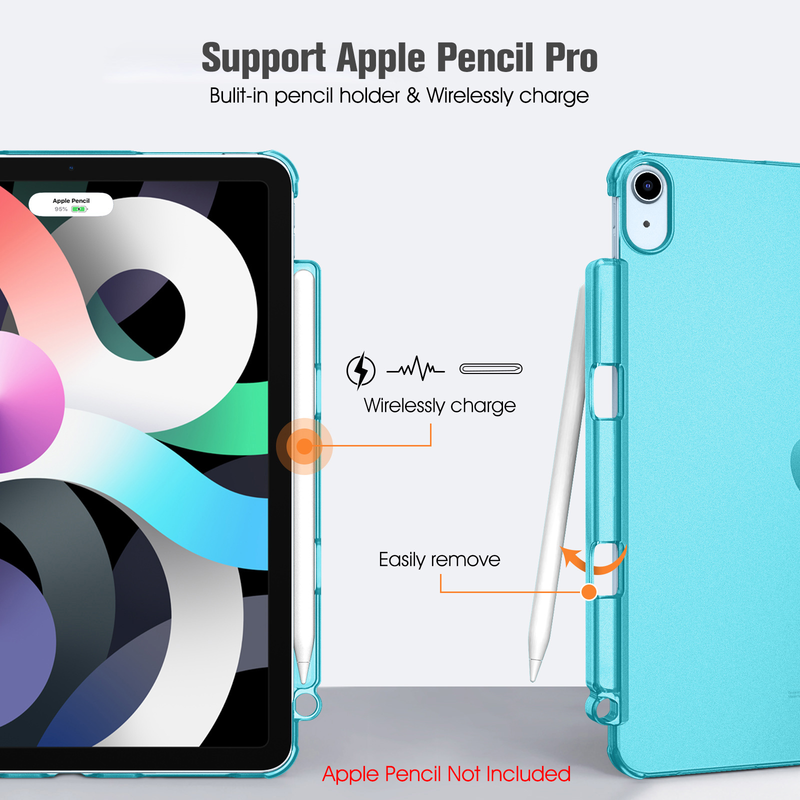 Ein iPad mit cyanfarbener Hülle und Apple Pencil, mit kabelloser Lade- und einfacher Entfernungsfunktion.