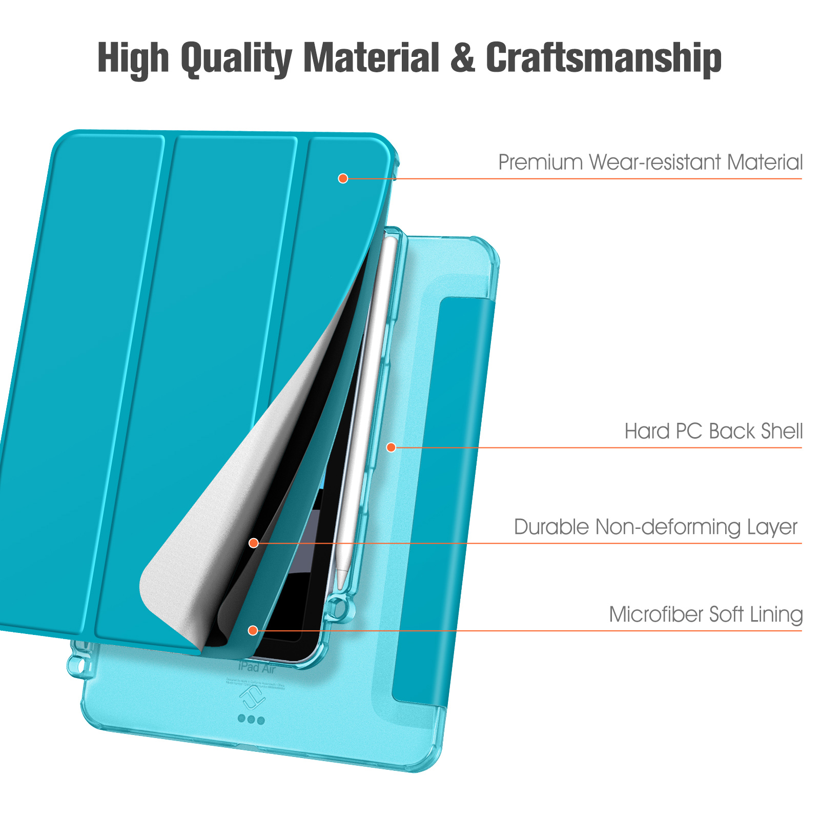 Eine türkisblaue iPad Air-Hülle, teilweise geöffnet. Etiketten weisen auf verschleißfestes Material und eine weiche Auskleidung.
