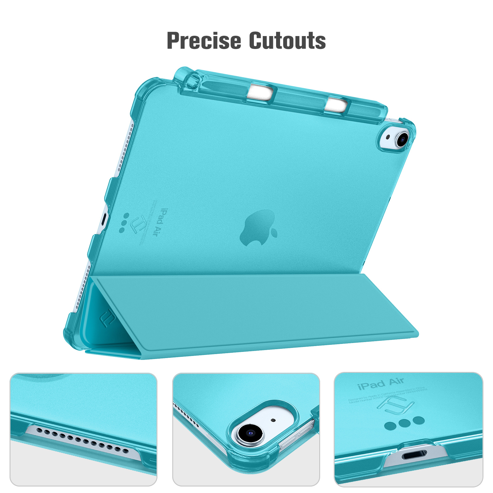 Ein türkisfarbenes iPad Air in einem Gehäuse. Die Hülle bedeckt das Gerät mit präzisen Aussparungen. Das Apple-Logo ist sichtbar.