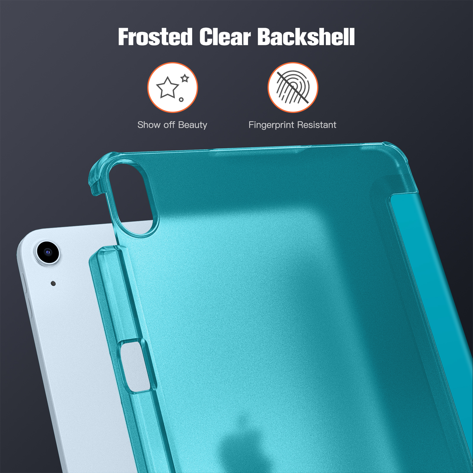Eine türkisfarbene Handyhülle über einem weißen Telefon auf dunklem Hintergrund. Text: 'Frosted Clear Backshell'.