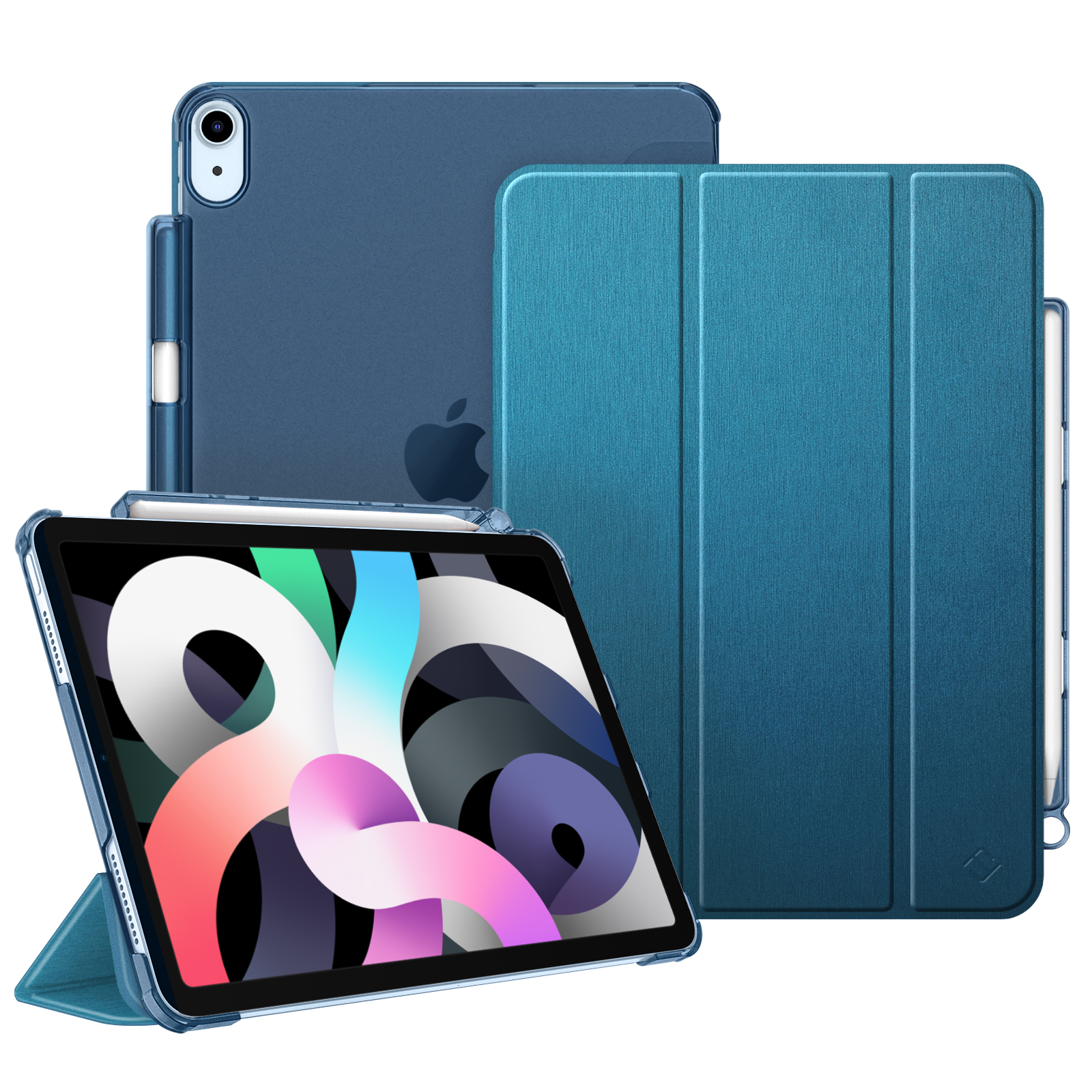 Blaues iPad mit Hülle und Stift. Das iPad hat eine klare Hülle und abstrakte Kunst auf dem Bildschirm.