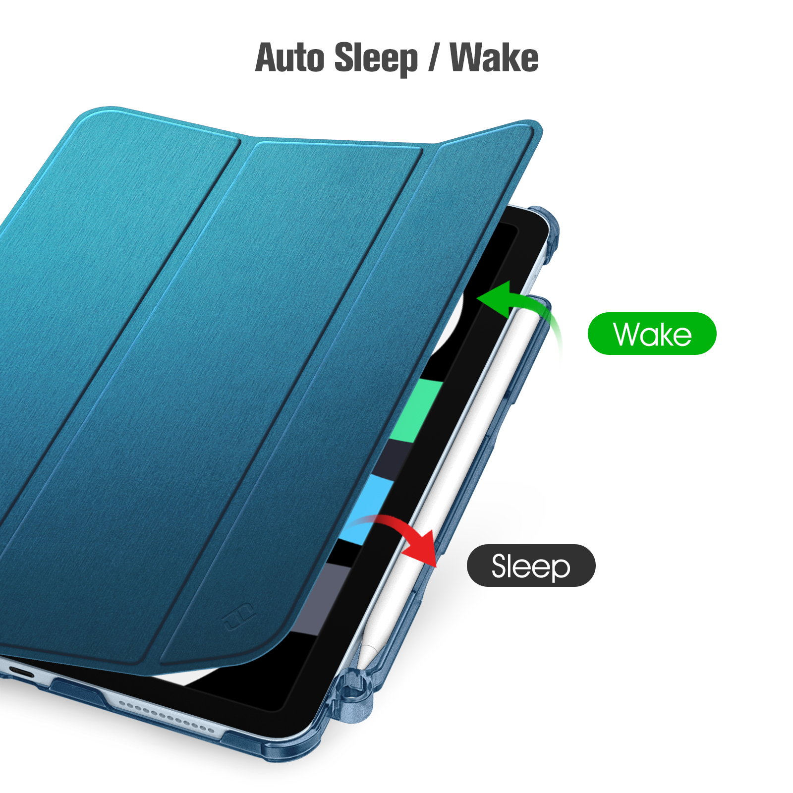 Ein iPad in einer blauen Hülle, mit dem Text "Auto Sleep/Wake" und Pfeilen, die Schlaf- und Weckfunktionen anzeigen. Ein weißer Stift ist sichtbar.