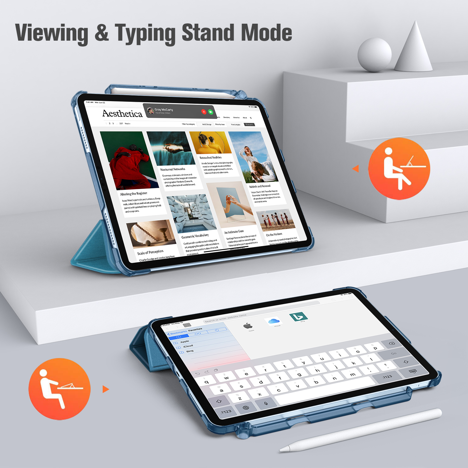 Zwei iPads im Ständermodus, eines mit geöffneter Website, das andere mit Tastatur und weißem Stift.