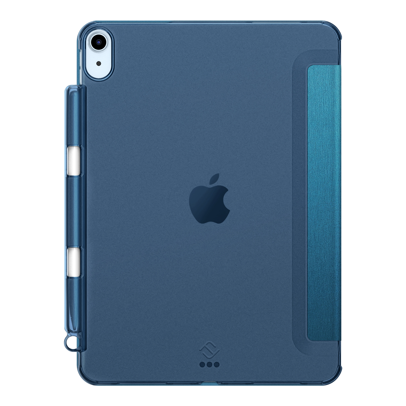 Blaue iPad-Hülle mit Apple-Logo, Stifthalter und strukturierter Seitenverkleidung. Klarer Kunststoff-Stifthalter.