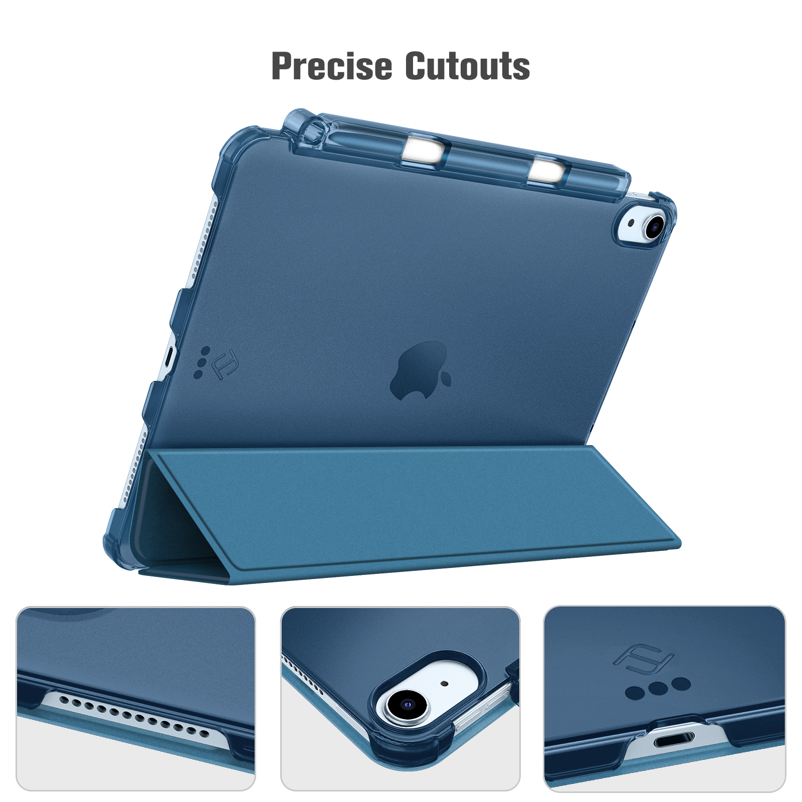 Ein blaues Tablet in einer Hülle mit präzisen Aussparungen. Das Apple-Logo ist sichtbar. Die Hülle besteht aus zwei Teilen, einem für die Rückseite und einem für die Vorderseite.