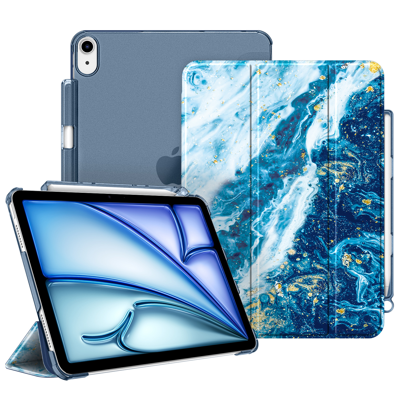 Mehrere iPads mit Hüllen. Eines ist geöffnet und zeigt einen blauen Bildschirm. Hüllen haben blaue Marmor- und Vollfarben.