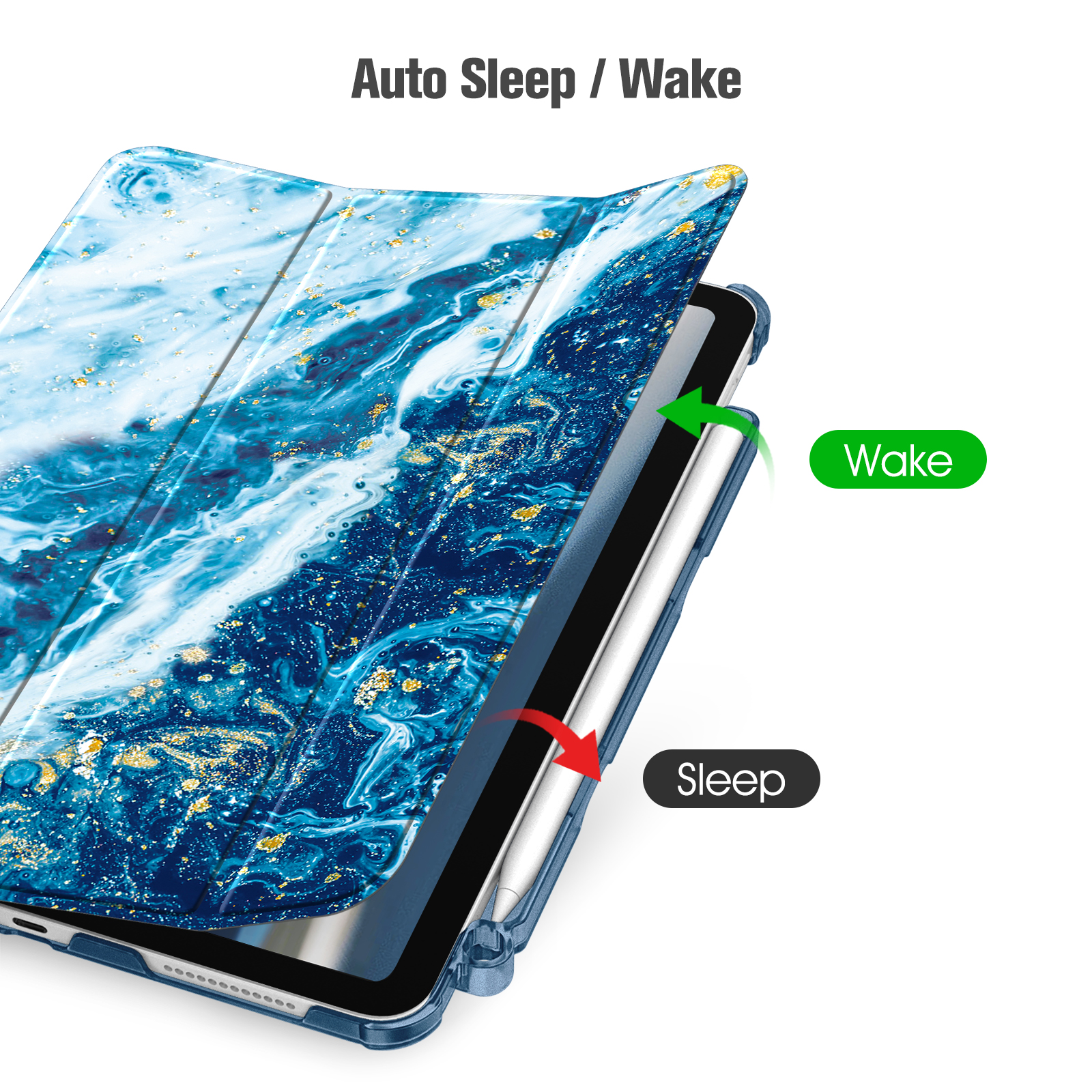 Tablet in einer blau marmorierten Hülle. Text sagt Auto Sleep/Wake. Pfeile zeigen das Öffnen und Schließen der Hülle.