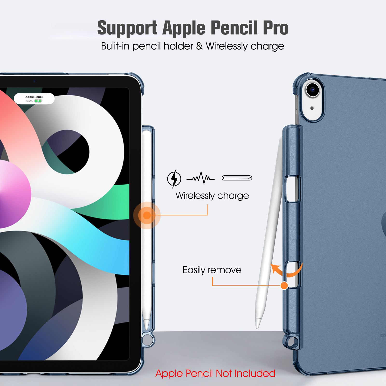 Ein iPad mit blauem Gehäuse, Apple Pencil und Ladefunktionen werden angezeigt. Der Text weist auf die Unterstützung des Apple Pencil Pro hin.