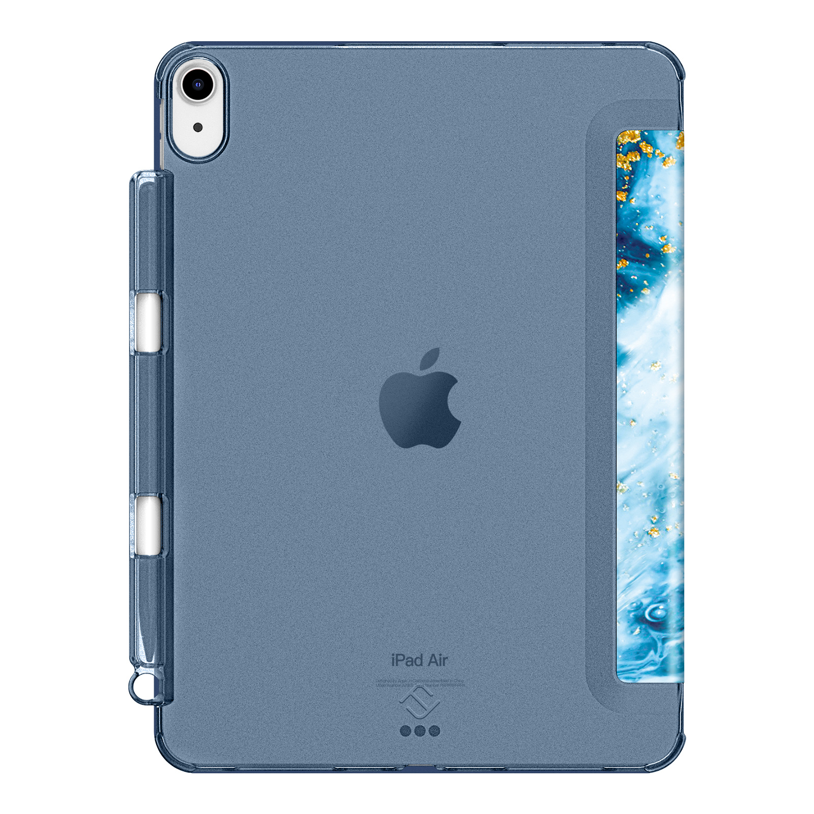 Blaues iPad Air in einer Hülle mit Stifthalter. Es hat ein Apple-Logo und einen gemusterten Bereich auf der rechten Seite.