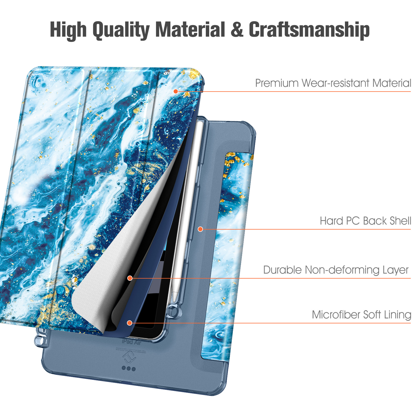 Eine iPad Air Hülle mit blauem und goldenem Marmordesign. Zu den Merkmalen gehören eine Hartschale, eine strapazierfähige Schicht und ein weiches Futter.