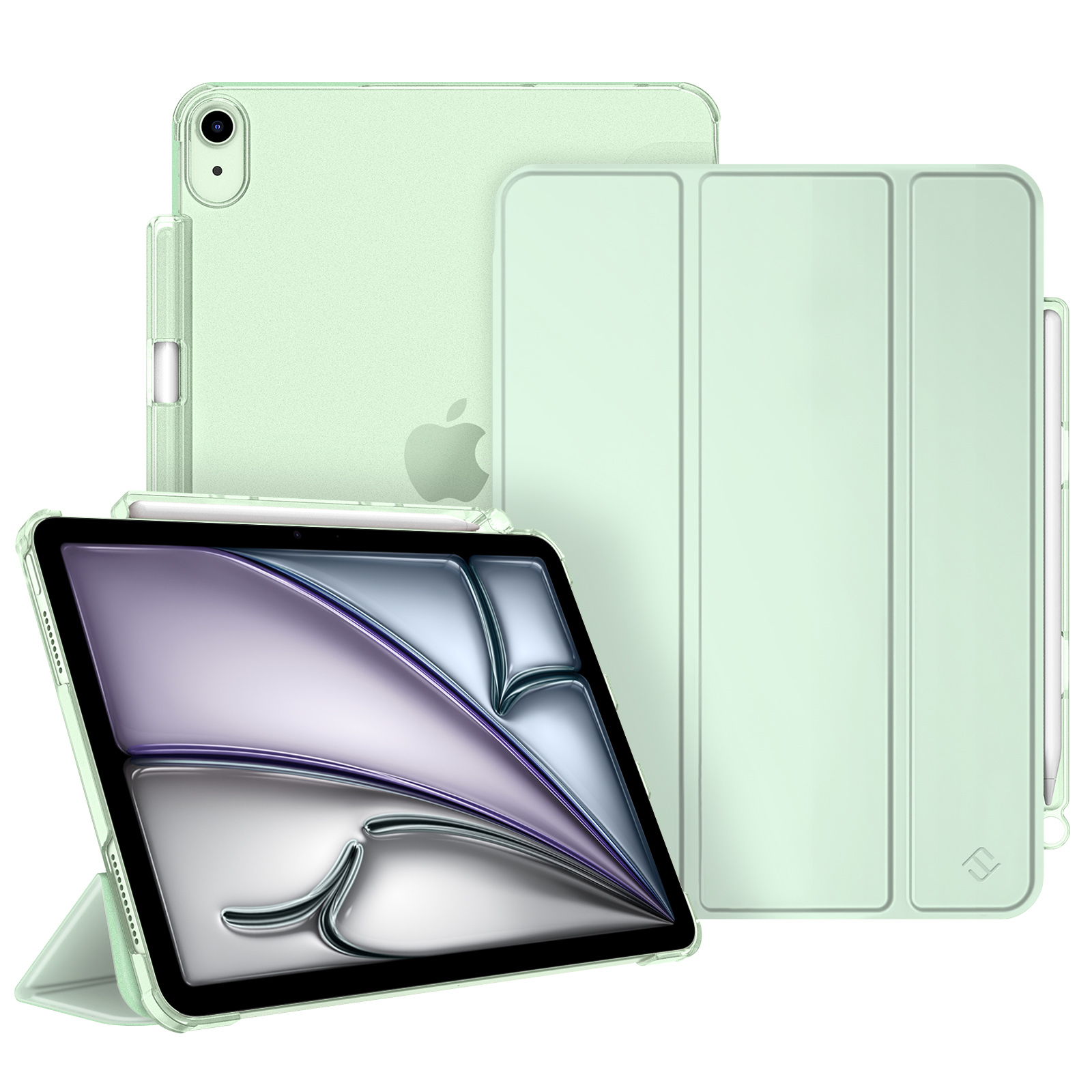 Ein iPad mit mintgrüner Hülle und passendem Stift. Die Hülle hat eine Klappabdeckung. Mehrere Winkel werden gezeigt.