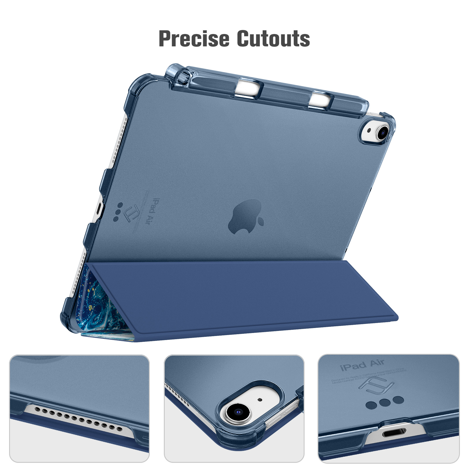 Blaues iPad Air in einer Schutzhülle. Die Hülle hat eine Abdeckung, die sich zum Abstützen des Tablets zusammenklappt. Präzise Ausschnitte sind sichtbar.