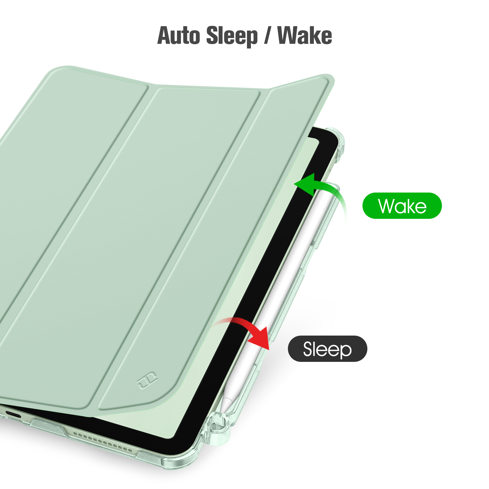 Eine offene mintgrüne Tablethülle mit einem Pfeil, der 'Wake' und ein anderer 'Sleep' anzeigt. Ein Stift ist vorhanden.