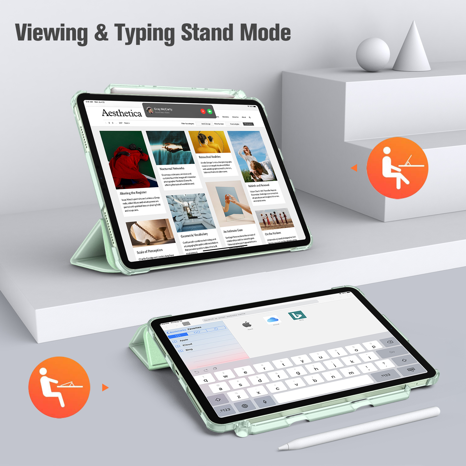 Zwei iPads im Ständermodus. Eines zeigt eine Website, das andere eine Tastatur.