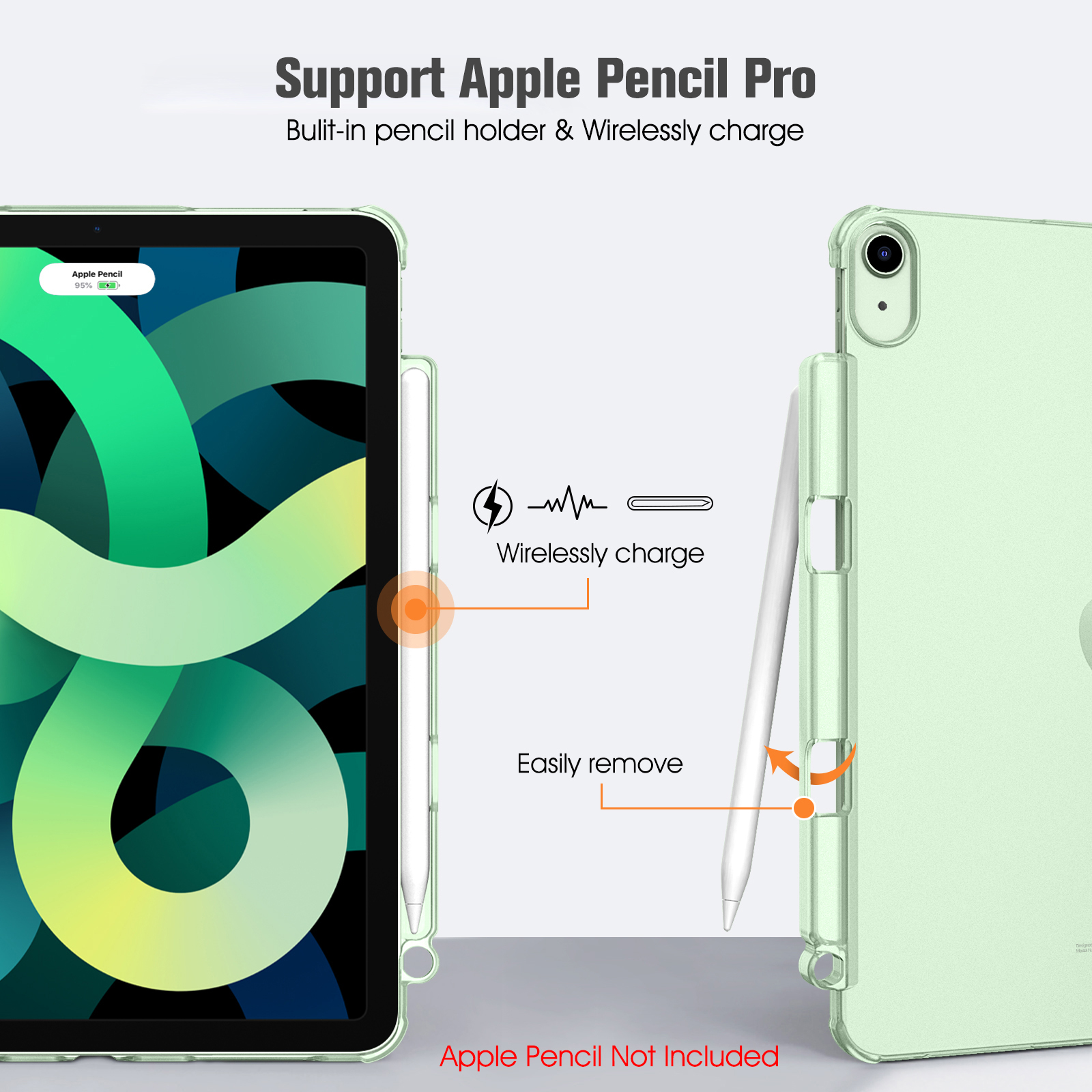 Ein iPad mit Apple Pencil Pro, mit kabellosem Laden und einfacher Entfernung. Text: Unterstützung Apple Pencil Pro.