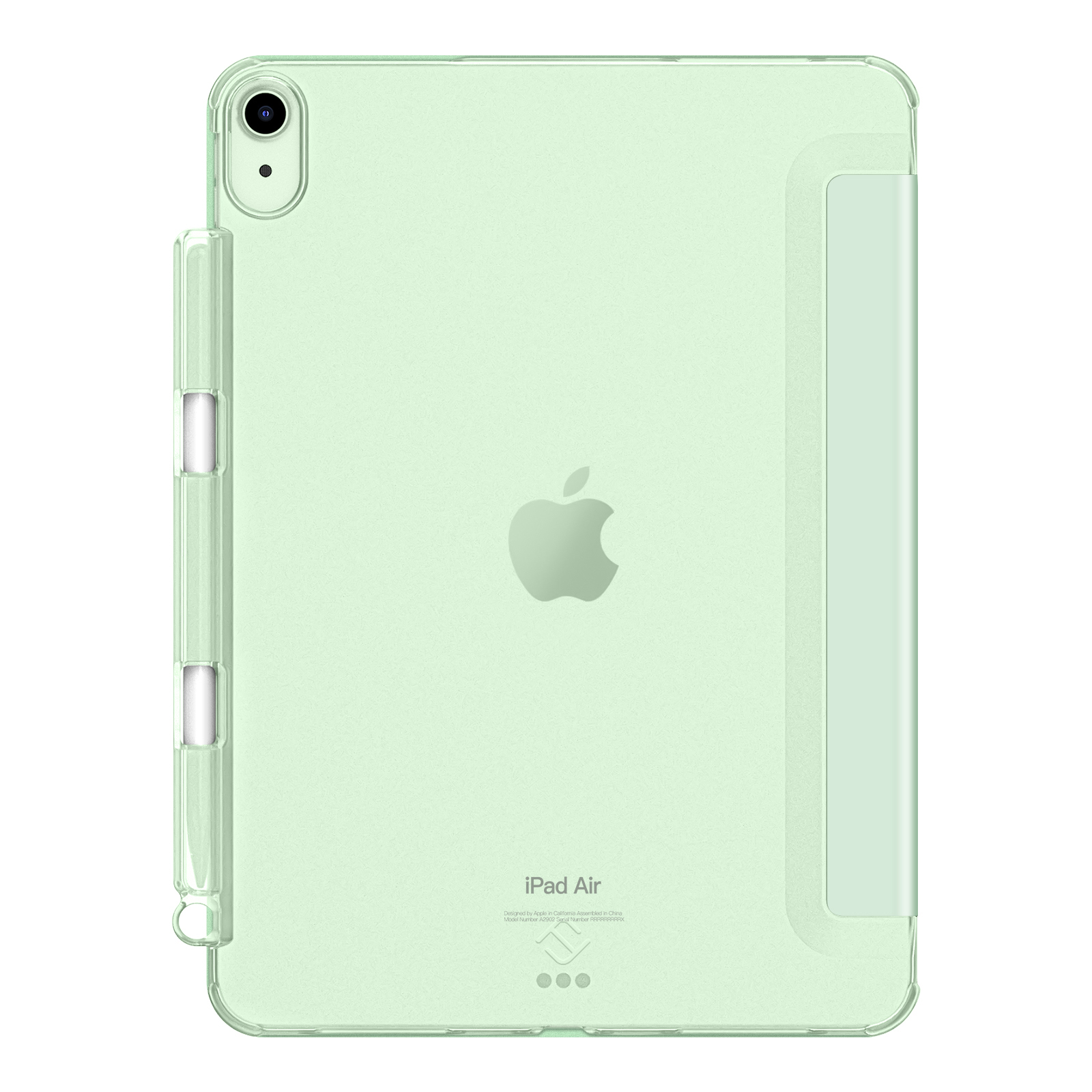 Ein hellgrünes iPad Air mit transparentem Gehäuse. Ein Apple-Logo ist sichtbar. Ein Stift ist an der Seite befestigt.
