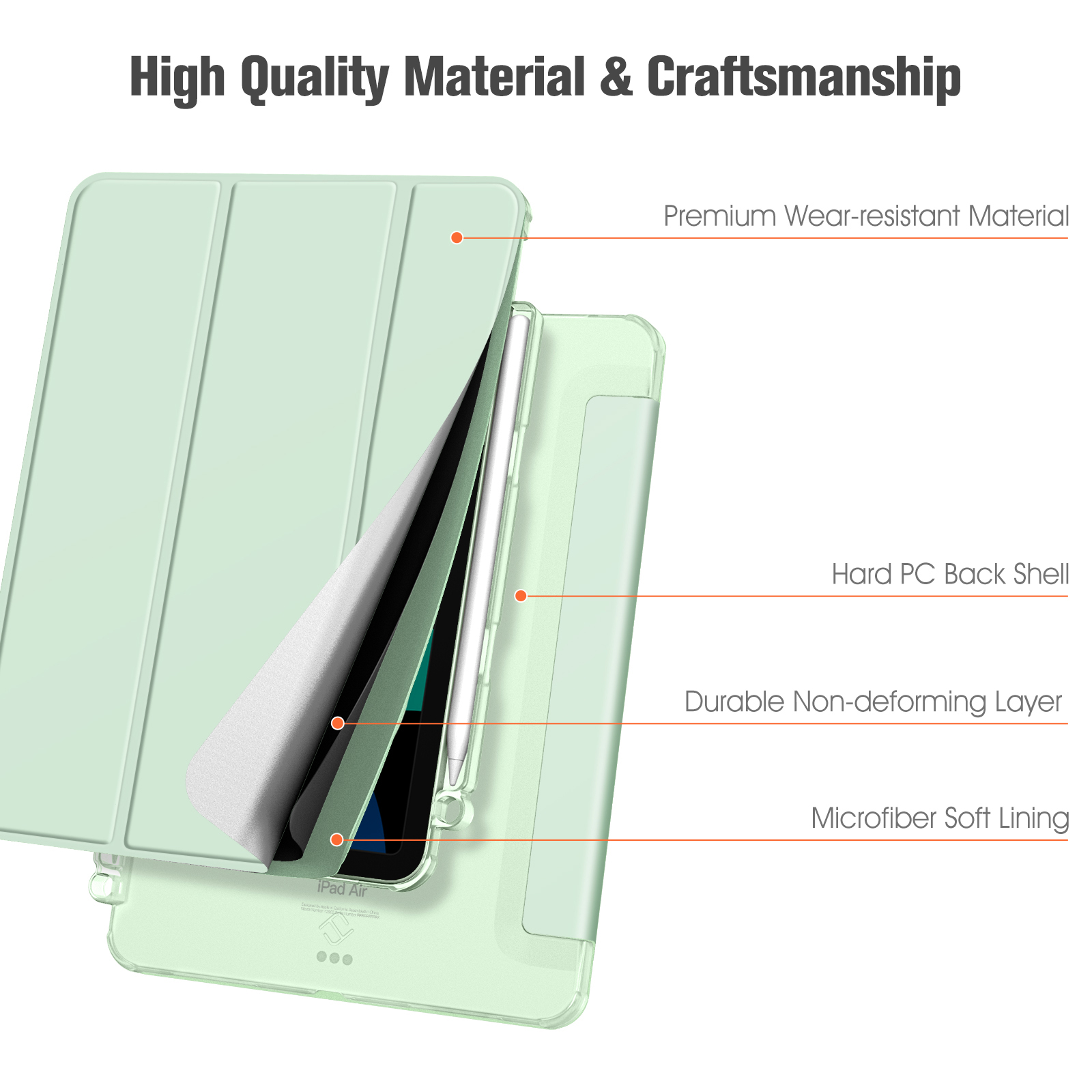 Eine iPad Air-Hülle, die Schichten zeigt: verschleißfestes Material, harte PC-Rückschale, verformungsfreie Schicht und weiches Futter.