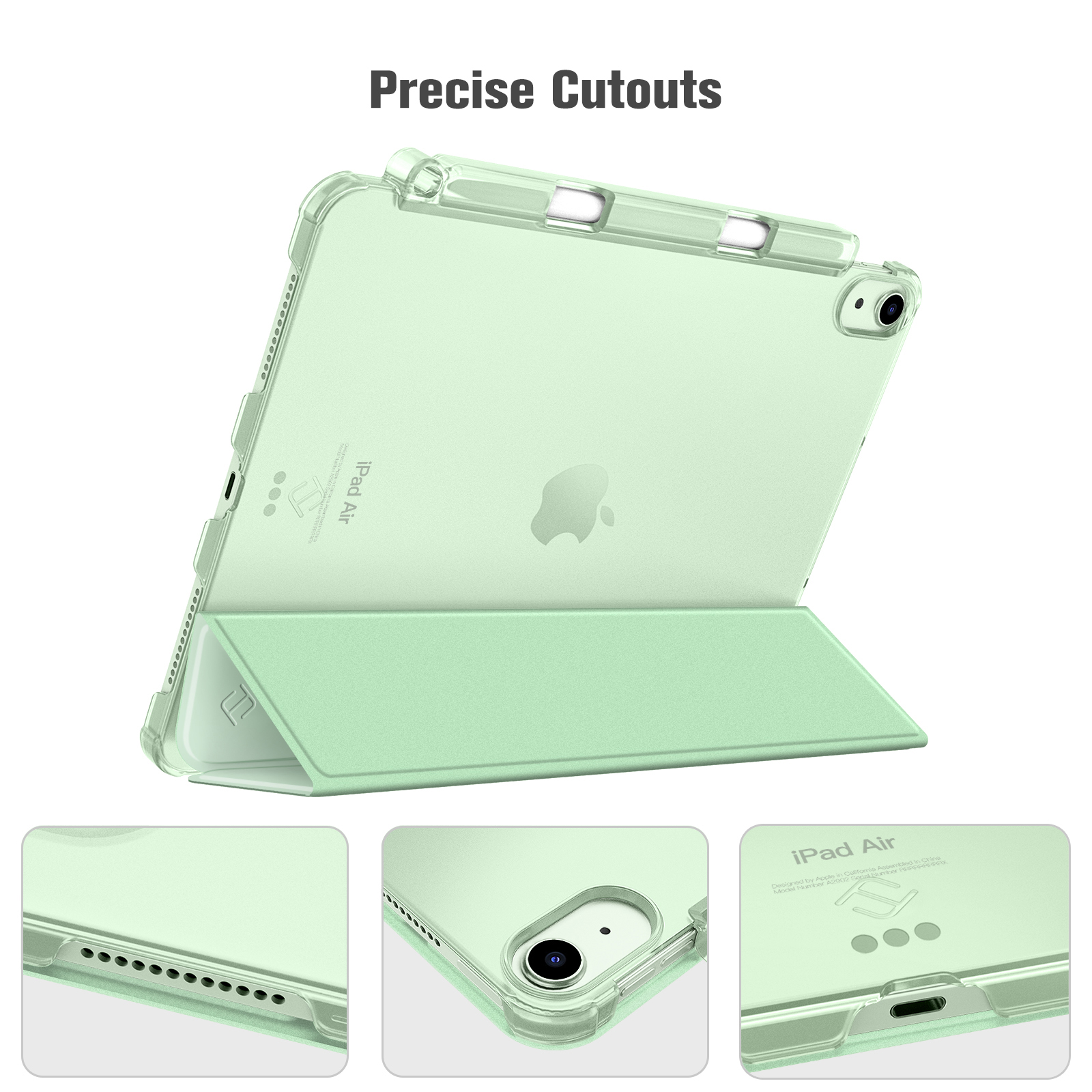 Ein iPad Air in einem hellgrünen Gehäuse, geöffnet, um den Bildschirm und eine Schutzhülle zu zeigen. Präzise Aussparungen sind sichtbar.