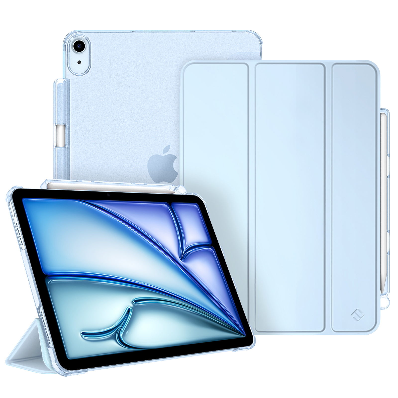 Hellblaues iPad mit Hülle, Hüllen und einem Stift. Das vordere iPad hat einen blau-weißen Bildschirm.