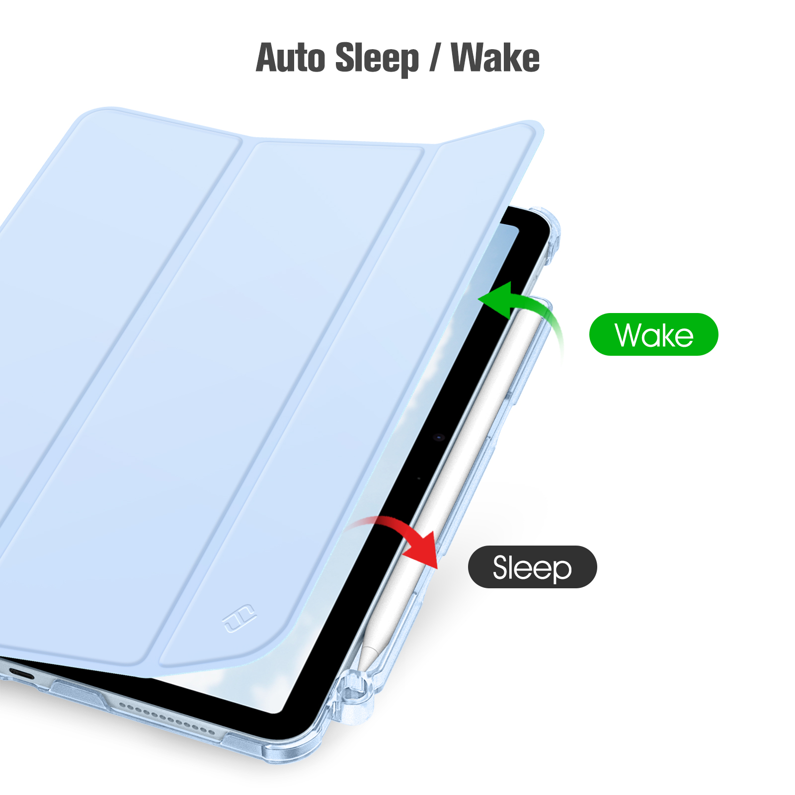 Eine blaue Tablethülle mit einem Tablet darin. Grüner Pfeil für Aufwachen, rot für Schlaf. Text: Auto Sleep / Wake.