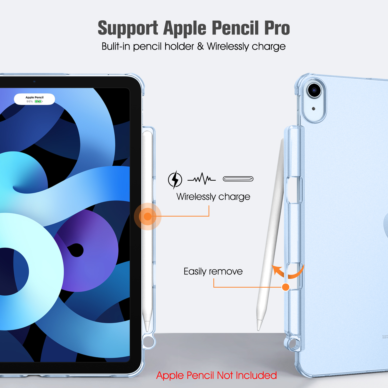 Ein iPad mit Bleistifthalter und Apple Pencil. Es zeigt kabelloses Laden und einfaches Entfernen des Stifts.