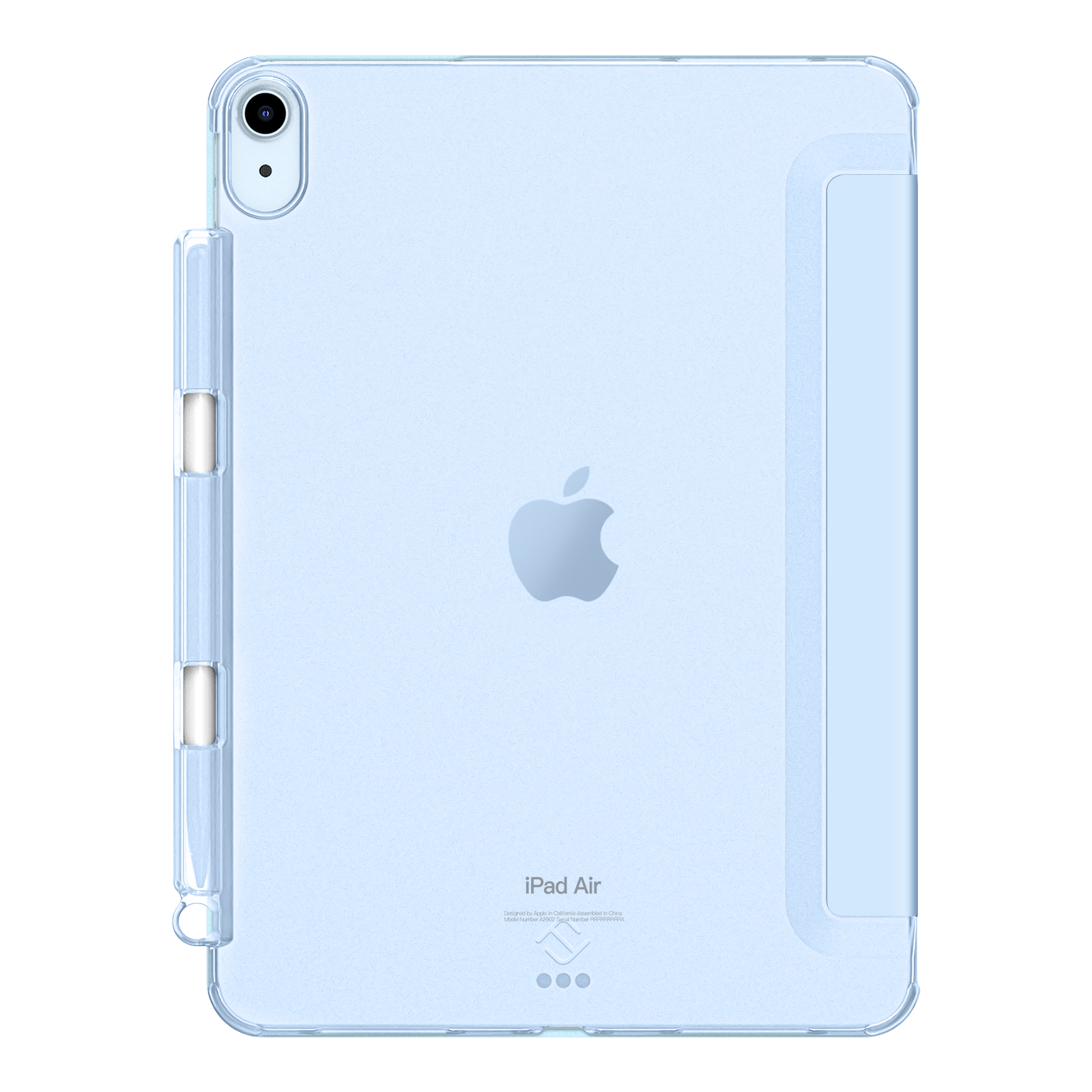 Ein hellblaues iPad Air in einer durchsichtigen Hülle. Das Apple-Logo ist sichtbar. Die Hülle enthält einen Stifthalter.