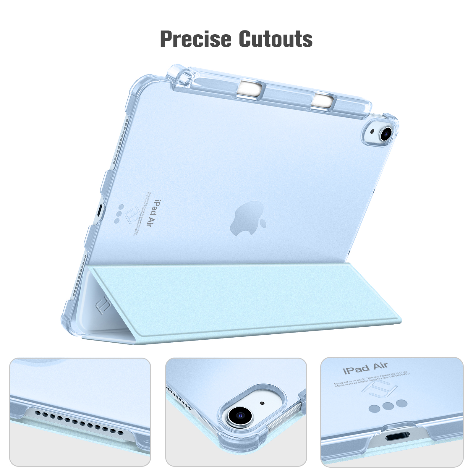 Ein iPad Air mit hellblauer Hülle und Ständer. Die Hülle hat präzise Ausschnitte und das iPad ist sichtbar. Der Hintergrund ist weiß.